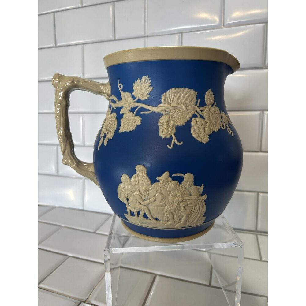 ANTIQUE COPELAND SPODE JASPER WARE ALE/BEER PITCHER w/ PUB SCENES & HOPS c1910 - Picture 2 of 16